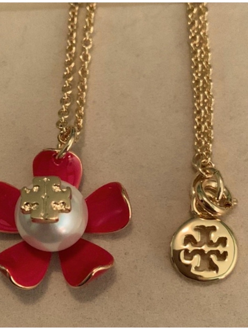 Tory Burch Kira 24” Golden with Red Flower Pearl Pendant